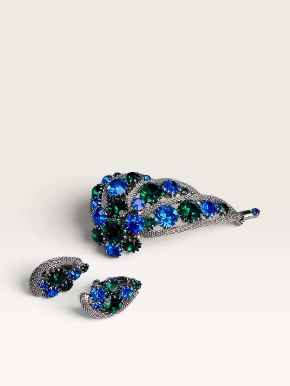 Blue Green Rhinestone Mesh Wrap Leaf Plume Brooch Clip On Earrings Set Vintage